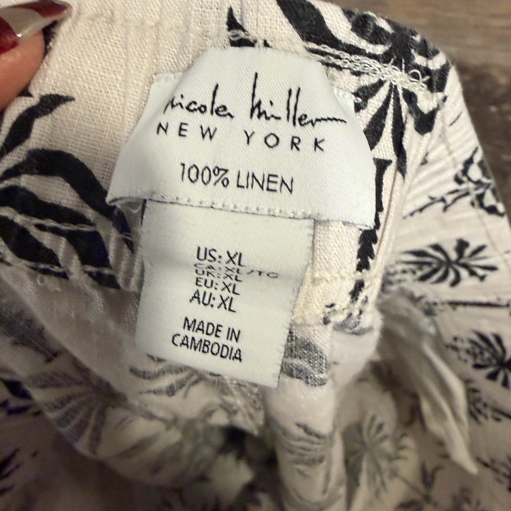 Nicole Miller Black and White Palm Print Pants 100% Linen - Picture 4 of 4